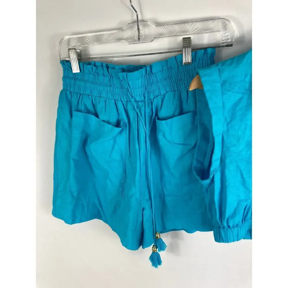 7 for All Mankind Linen Blend Blue Shorts and Button Up Crop top Set XS